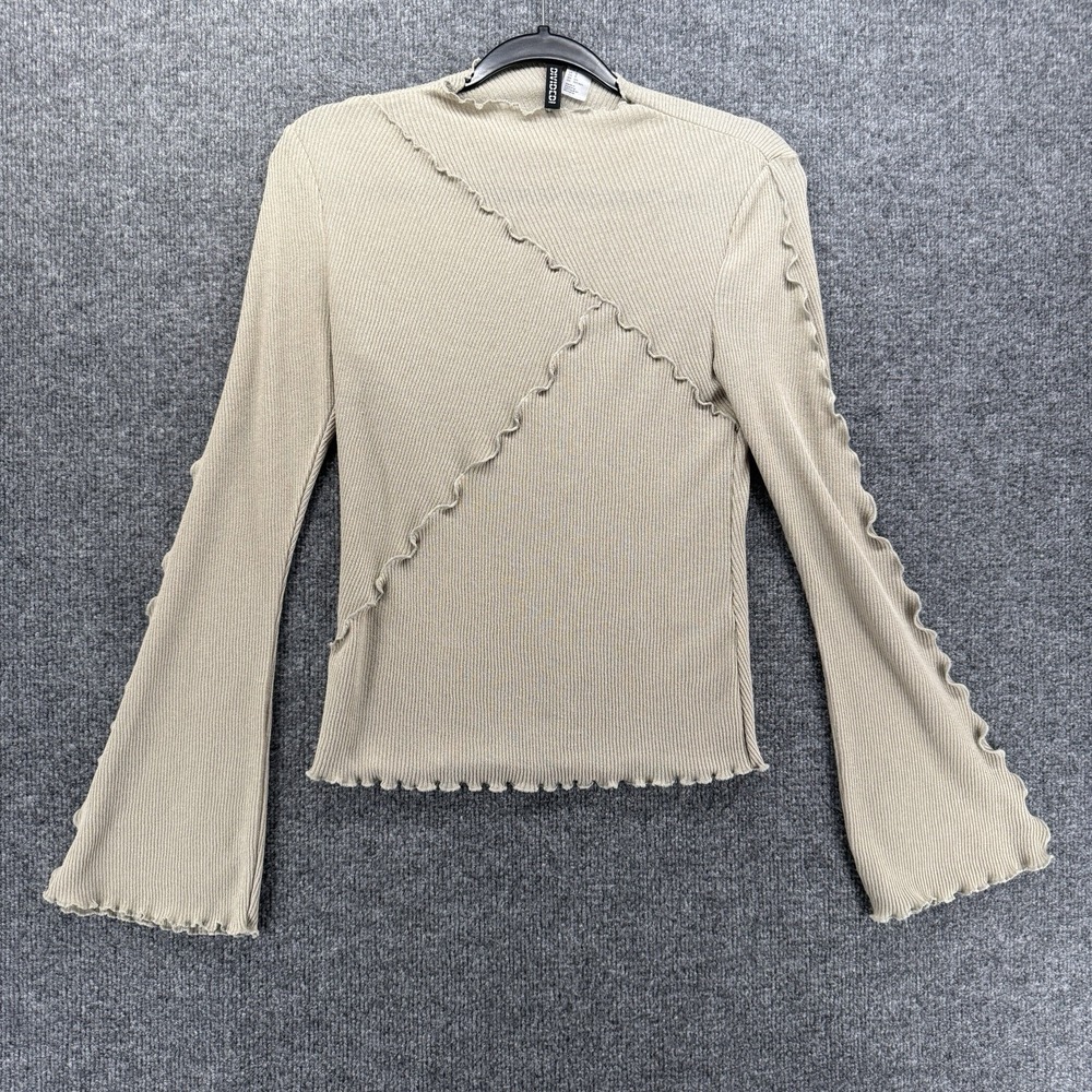HM Y2K Top Womens S Gray Ribbed Abstract Mock Neck Bell Sleeves 90s Indie Hippie